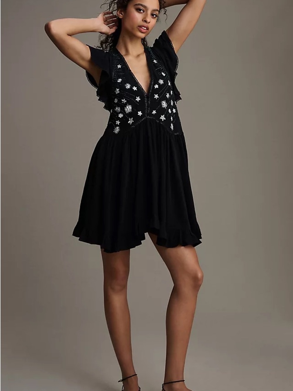 Anthropologie V-Neck Sequin Deco Swing Dress black Sz XSP